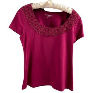 Croft and Barrow Petite Small Ladies Crocheted Lace Trim Scoop Neck Top PS